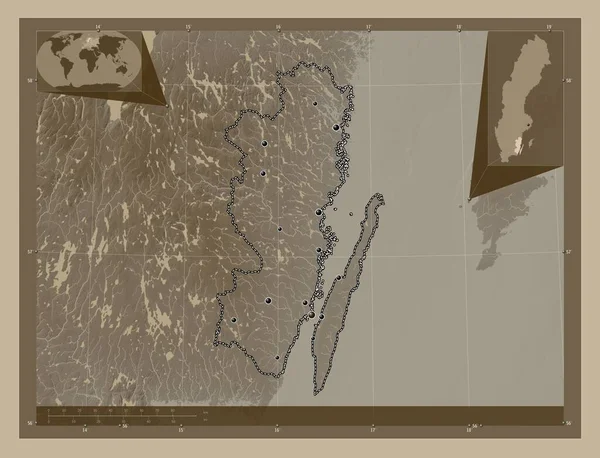 Kalmar County Sweden Elevation Map Colored Sepia Tones Lakes Rivers —  Fotos de Stock