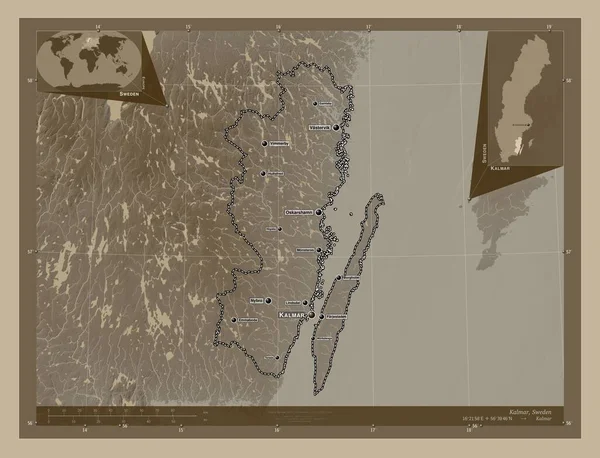 Kalmar County Sweden Elevation Map Colored Sepia Tones Lakes Rivers — Stock Photo, Image