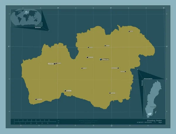 スウェーデンの郡クロノバーグ しっかりした色の形 地域の主要都市の位置と名前 コーナー補助位置図 — ストック写真