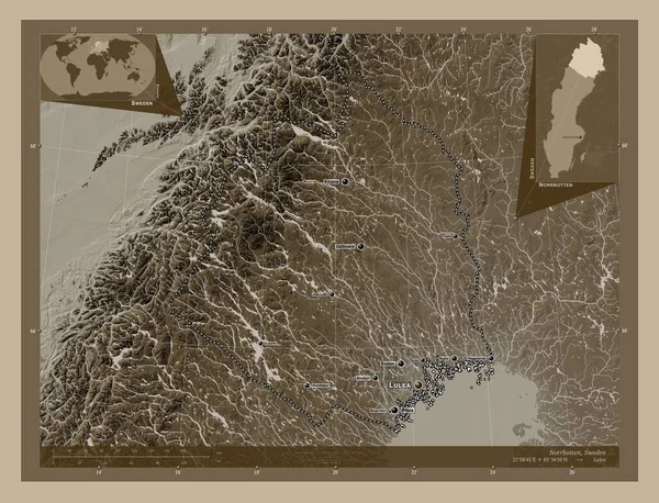 Norrbotten Okres Švédsko Zdvihová Mapa Zbarvená Sépiovými Tóny Jezery Řekami — Stock fotografie