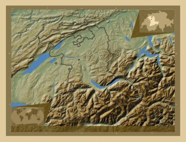 Bern, canton of Switzerland. Colored elevation map with lakes and rivers. Corner auxiliary location maps
