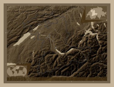 Bern, canton of Switzerland. Elevation map colored in sepia tones with lakes and rivers. Locations of major cities of the region. Corner auxiliary location maps