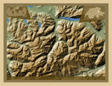 Glarus, canton of Switzerland. Colored elevation map with lakes and rivers. Corner auxiliary location maps