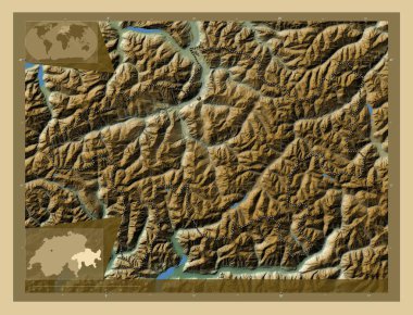 Graubunden, canton of Switzerland. Colored elevation map with lakes and rivers. Corner auxiliary location maps