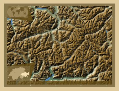 Graubunden, canton of Switzerland. Colored elevation map with lakes and rivers. Locations of major cities of the region. Corner auxiliary location maps