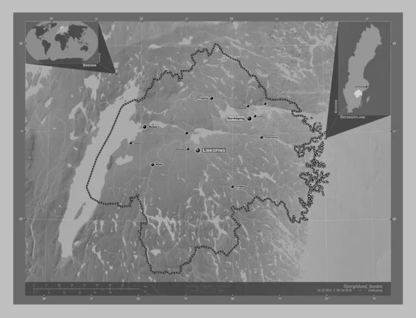 Ostergotland County Sweden Grayscale Elevation Map Lakes Rivers Locations Names — Foto Stock
