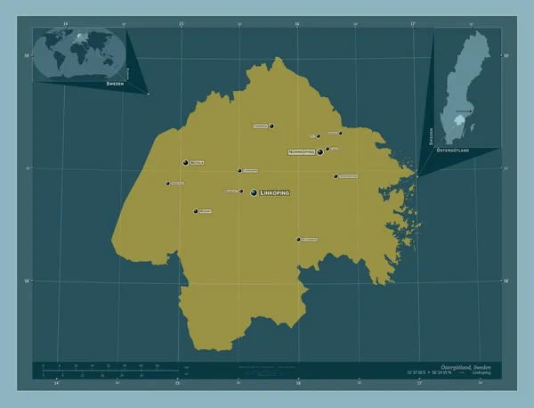 スウェーデンの郡オステロトランド しっかりした色の形 地域の主要都市の位置と名前 コーナー補助位置図 — ストック写真