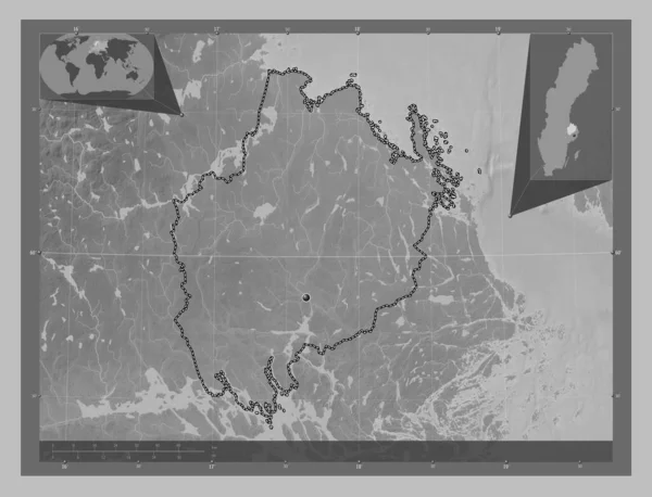 Uppsala County Sweden Grayscale Elevation Map Lakes Rivers Corner Auxiliary — Stock Photo, Image