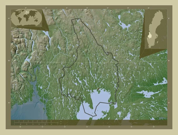 瑞典瓦尔曼德县 用Wiki风格绘制的带有湖泊和河流的高程地图 角辅助位置图 — 图库照片