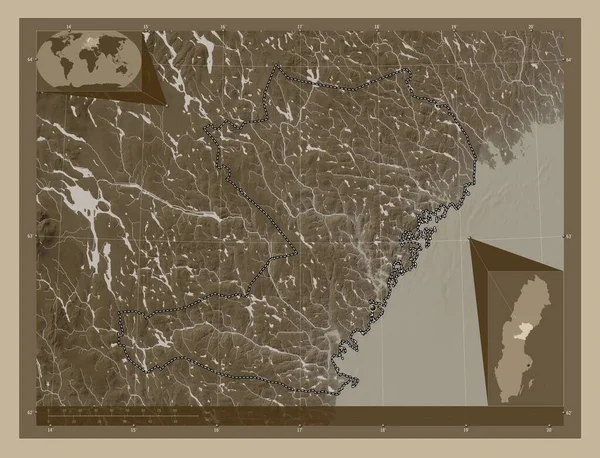 Vasternorrland Шведський Графство Висота Карти Забарвлена Сепії Тонів Озерами Річками — стокове фото