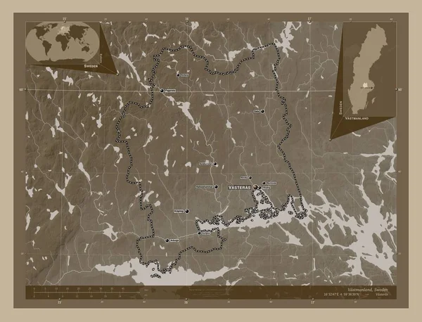 Вастманланд Графство Швеция Карта Высоты Окрашенная Сепиевые Тона Озерами Реками — стоковое фото