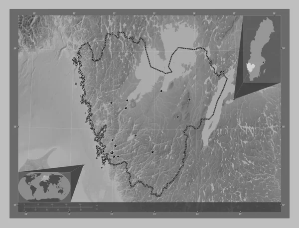 Vastra Gotaland 瑞典县 带有湖泊和河流的灰度高程图 该区域主要城市的所在地点 角辅助位置图 — 图库照片