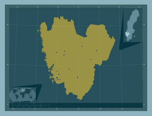 Vastra Gotaland 瑞典县 固体的颜色形状 该区域主要城市的所在地点 角辅助位置图 — 图库照片