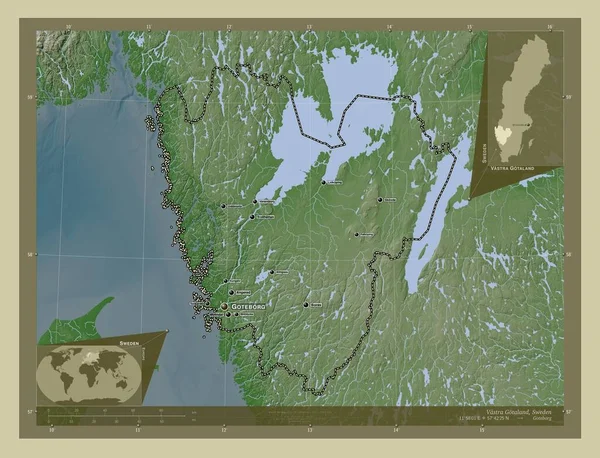 Vastra Gotaland 瑞典县 用Wiki风格绘制的带有湖泊和河流的高程地图 该区域主要城市的地点和名称 角辅助位置图 — 图库照片