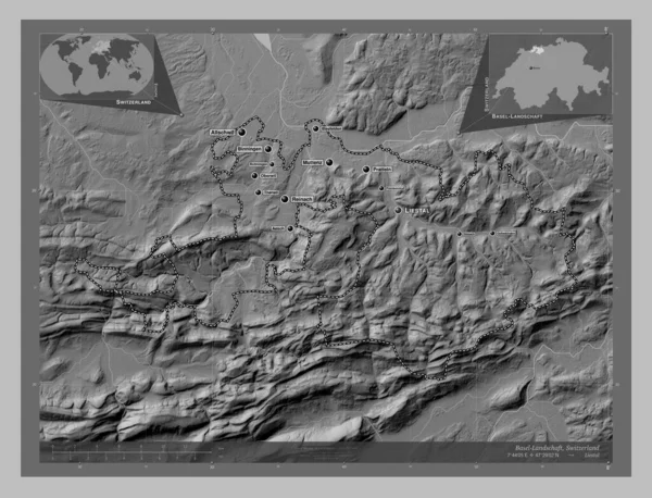 Bazylea Landschaft Kanton Szwajcarii Mapa Wzniesień Skali Szarości Jeziorami Rzekami — Zdjęcie stockowe