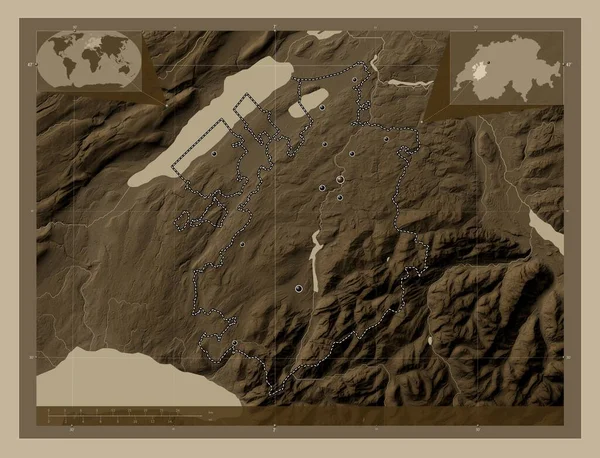 Фрибур Кантон Швейцарии Карта Высоты Окрашенная Сепиевые Тона Озерами Реками — стоковое фото