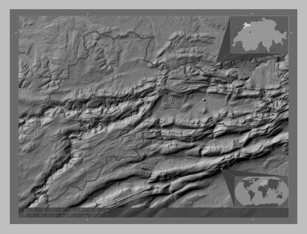 Юра Кантон Швейцарії Граймасштабна Мапа Висот Озерами Річками Кутові Допоміжні — стокове фото