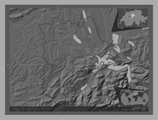 Luzern Canton Switzerland Bilevel Elevation Map Lakes Rivers Locations Names — Stock Fotó