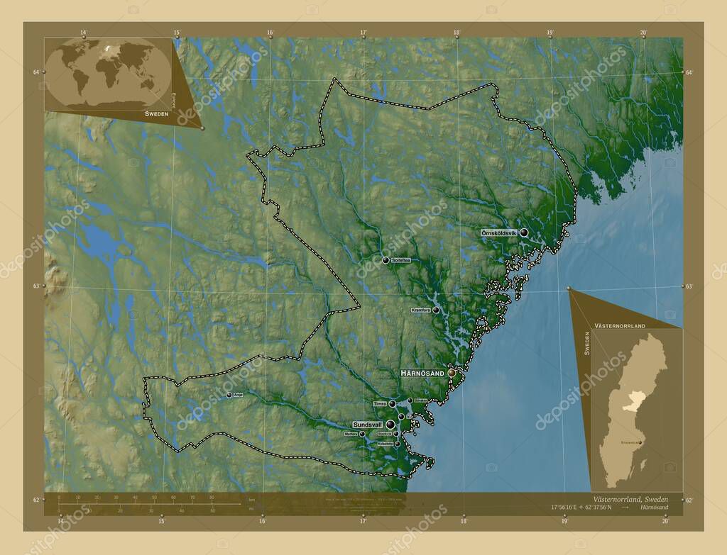 Vasternorrland, condado de Suecia. Mapa de elevaci n de colores con
