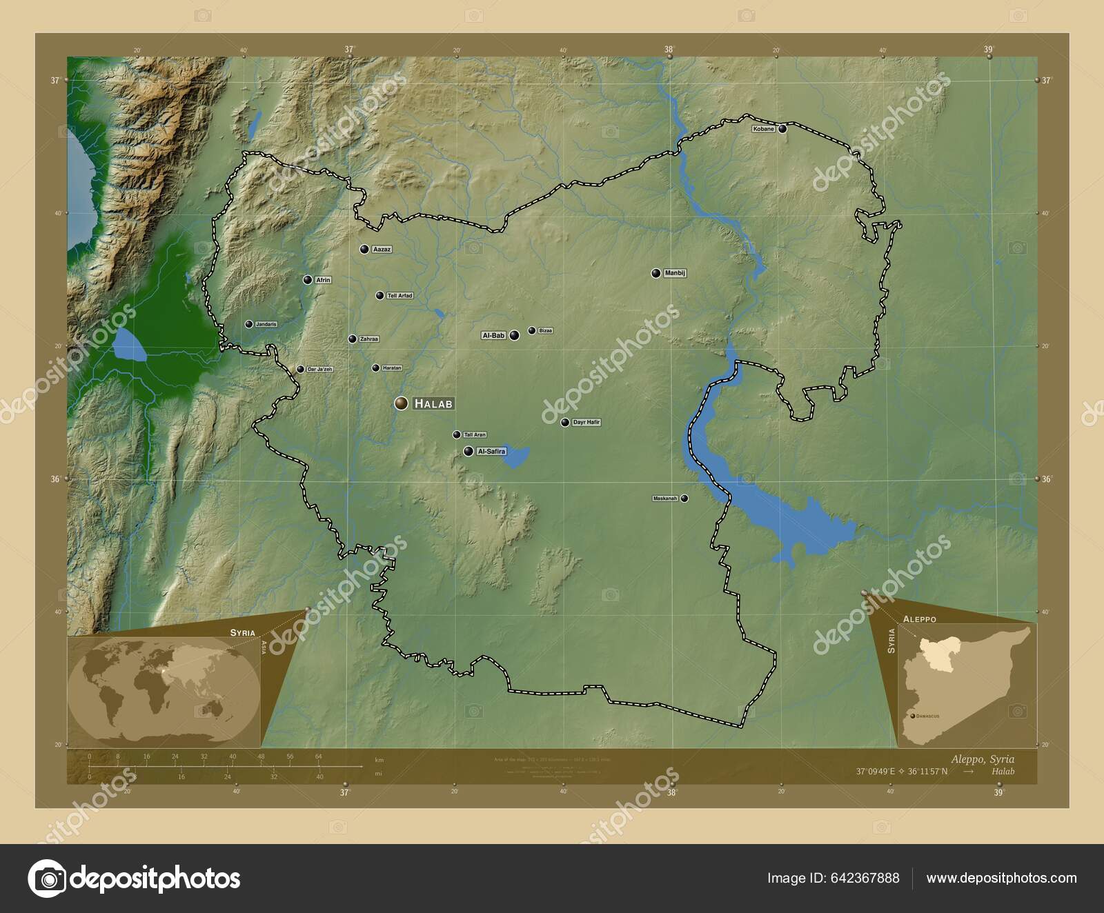 Aleppo Province Syria Colored Elevation Map Lakes Rivers Locations ...