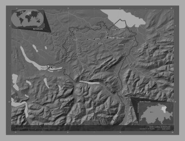 Sankt Gallen, canton of Switzerland. Bilevel elevation map with lakes and rivers. Locations and names of major cities of the region. Corner auxiliary location maps
