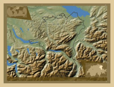 Sankt Gallen, canton of Switzerland. Colored elevation map with lakes and rivers. Locations of major cities of the region. Corner auxiliary location maps