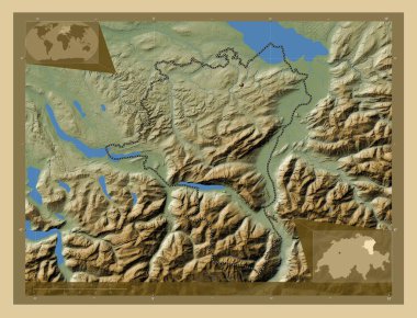 Sankt Gallen, canton of Switzerland. Colored elevation map with lakes and rivers. Corner auxiliary location maps