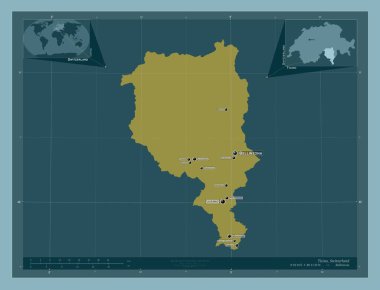 Ticino, canton of Switzerland. Solid color shape. Locations and names of major cities of the region. Corner auxiliary location maps