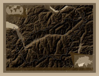 Valais, canton of Switzerland. Elevation map colored in sepia tones with lakes and rivers. Locations of major cities of the region. Corner auxiliary location maps