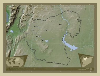 Aleppo, province of Syria. Elevation map colored in wiki style with lakes and rivers. Locations and names of major cities of the region. Corner auxiliary location maps