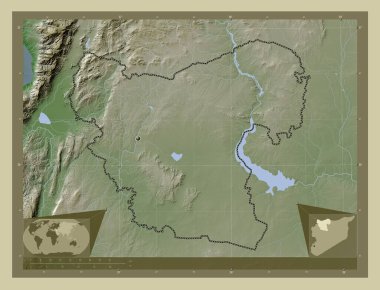 Aleppo, province of Syria. Elevation map colored in wiki style with lakes and rivers. Corner auxiliary location maps