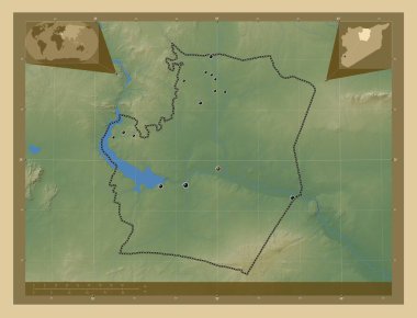 Ar Raqqah, province of Syria. Colored elevation map with lakes and rivers. Locations of major cities of the region. Corner auxiliary location maps