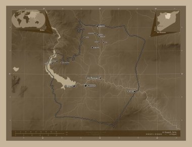 Ar Raqqah, province of Syria. Elevation map colored in sepia tones with lakes and rivers. Locations and names of major cities of the region. Corner auxiliary location maps