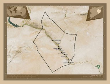 Dayr Az Zawr, province of Syria. Low resolution satellite map. Locations and names of major cities of the region. Corner auxiliary location maps