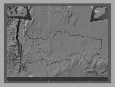 Hamah, province of Syria. Bilevel elevation map with lakes and rivers. Locations of major cities of the region. Corner auxiliary location maps