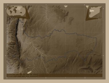 Hamah, province of Syria. Elevation map colored in sepia tones with lakes and rivers. Corner auxiliary location maps