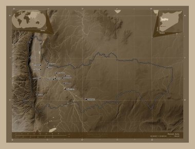 Hamah, province of Syria. Elevation map colored in sepia tones with lakes and rivers. Locations and names of major cities of the region. Corner auxiliary location maps
