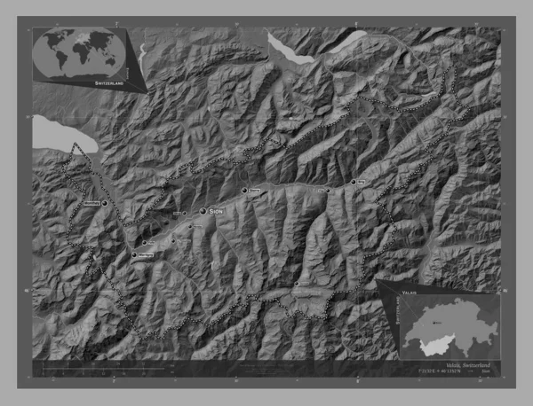 Valais Canton Switzerland Bilevel Elevation Map Lakes Rivers Locations Names — Stock Photo, Image