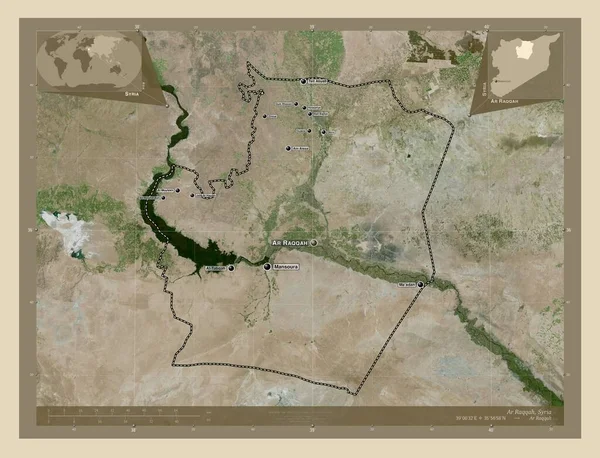 シリアのアルラッカ州 高解像度衛星地図 地域の主要都市の位置と名前 コーナー補助位置図 — ストック写真