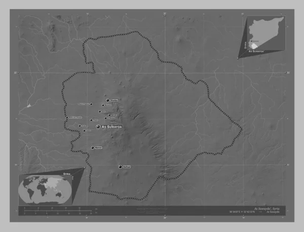 Suwayda Province Syria Grayscale Elevation Map Lakes Rivers Locations Names — Stock Photo, Image