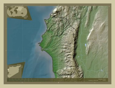 Lattakia, province of Syria. Elevation map colored in wiki style with lakes and rivers. Locations and names of major cities of the region. Corner auxiliary location maps
