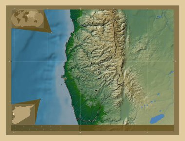 Tartus, province of Syria. Colored elevation map with lakes and rivers. Locations of major cities of the region. Corner auxiliary location maps
