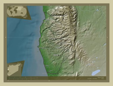 Tartus, province of Syria. Elevation map colored in wiki style with lakes and rivers. Locations and names of major cities of the region. Corner auxiliary location maps