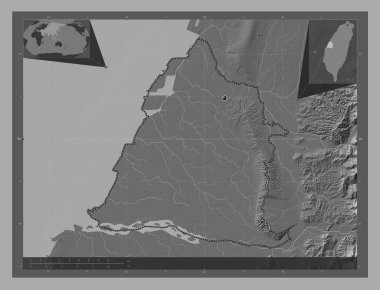 Changhua, county of Taiwan. Bilevel elevation map with lakes and rivers. Corner auxiliary location maps