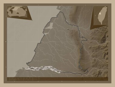 Changhua, county of Taiwan. Elevation map colored in sepia tones with lakes and rivers. Corner auxiliary location maps