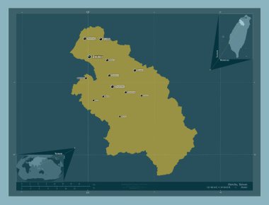 Hsinchu, county of Taiwan. Solid color shape. Locations and names of major cities of the region. Corner auxiliary location maps