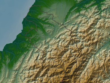 Hsinchu, county of Taiwan. Colored elevation map with lakes and rivers