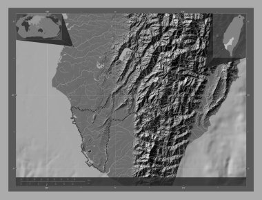 Kaohsiung, special municipality of Taiwan. Bilevel elevation map with lakes and rivers. Corner auxiliary location maps
