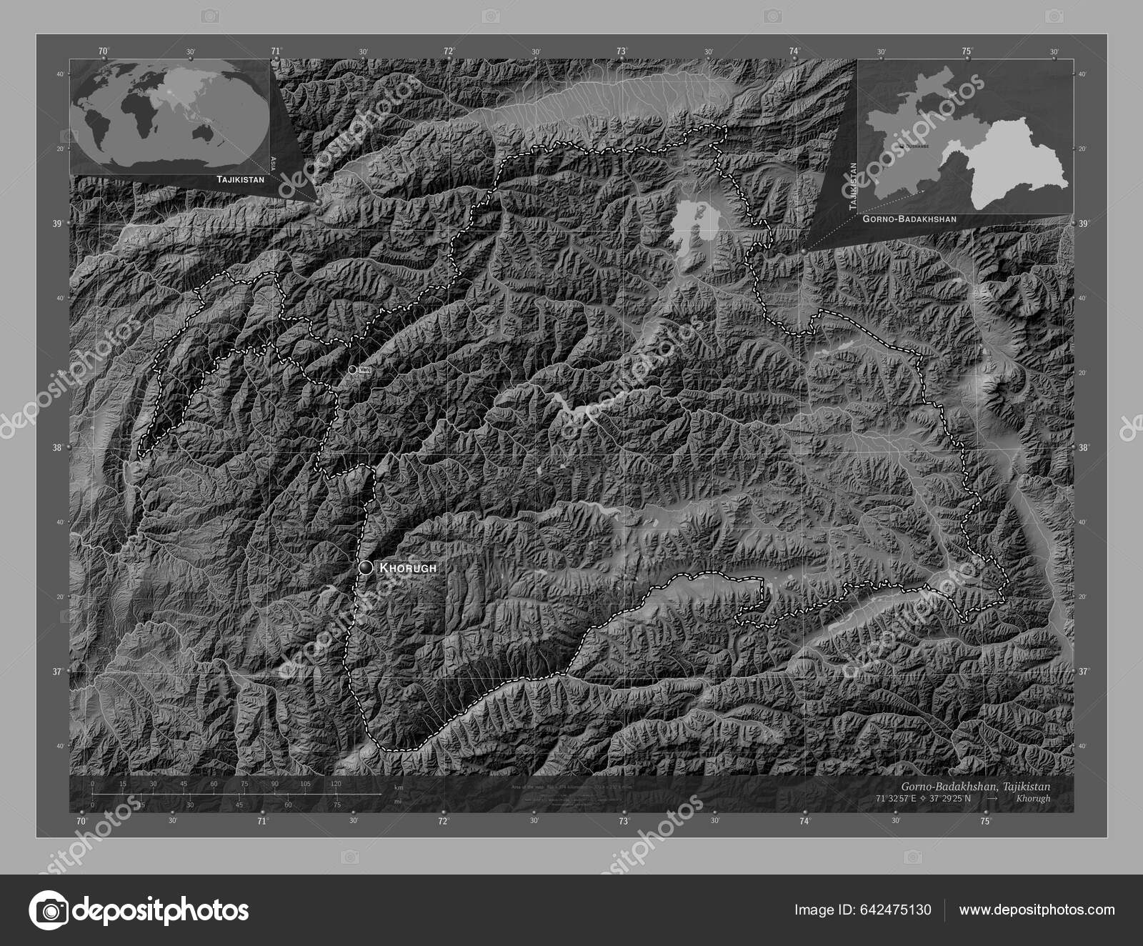 Gorno Badakhshan Region Tajikistan Bilevel Elevation Map Lakes Rivers ...