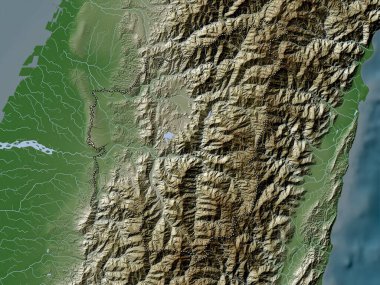 Nantou, county of Taiwan. Elevation map colored in wiki style with lakes and rivers